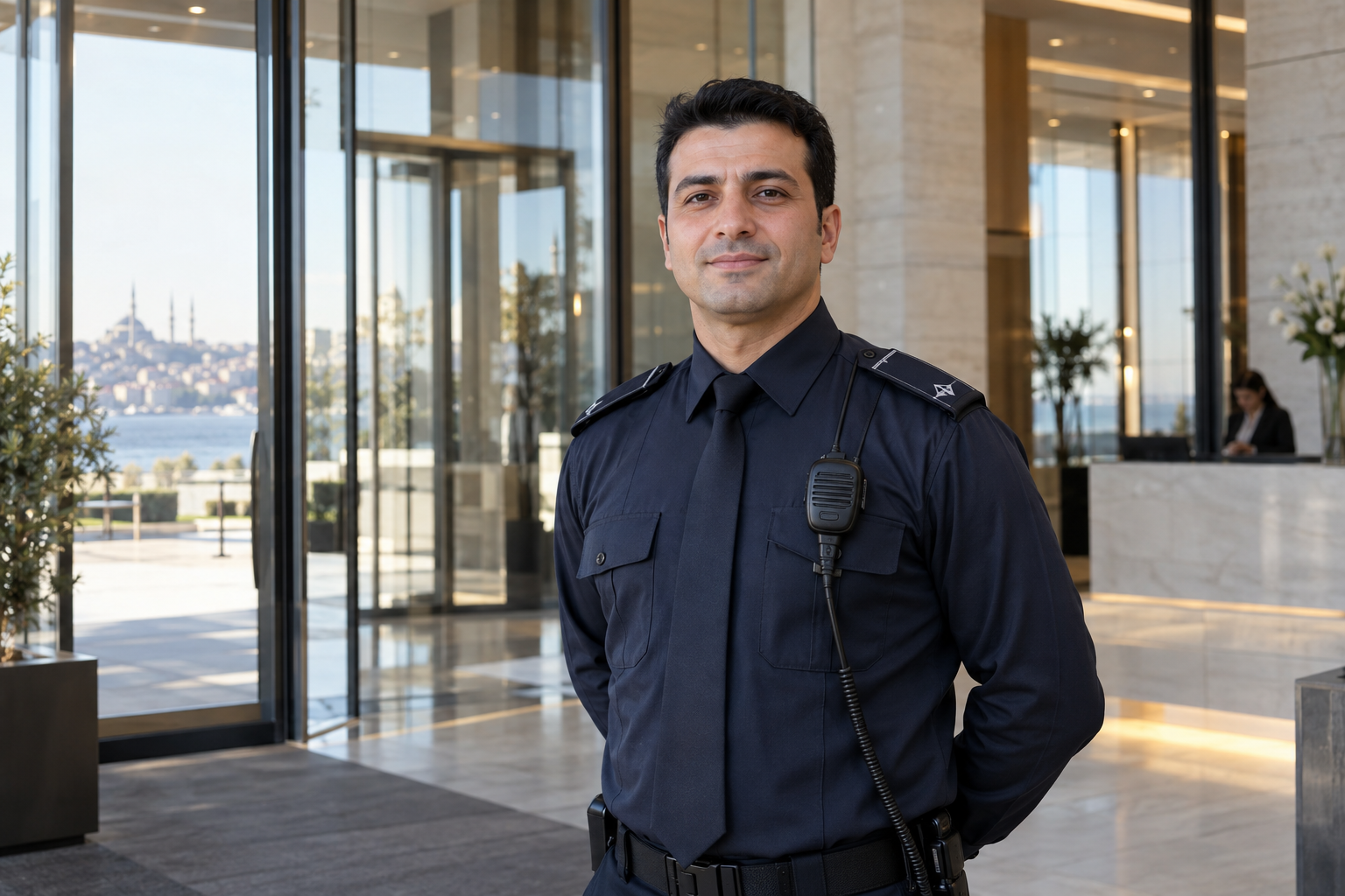 Modern bir giriş alanında temsili güvenlik görevlisi